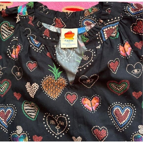 Farm Rio for Anthropologie Black Heart Print Blouse – XS – 100% Cotton EUC - Picture 3 of 10
